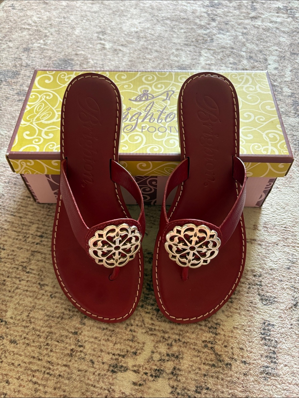 Brighton Maroon Alice Lipatick Leather Toe-Post Sandals with Silver Filigree